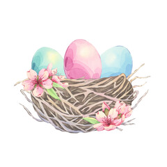Watercolor composition of bird's nest with colored easter eggs on white background. Decorated with almond flowers, cherry blossom. Colorful hand drawn illustration perfect for greeting cards