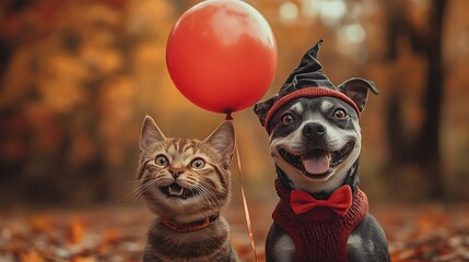 Fototapeta premium Playful dog and cat with red balloon in autumn park whimsical scene