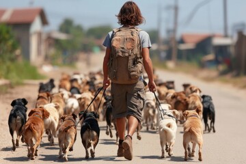 Dog walker, Man is walking his dogs on a city street. dogs are on leashes and the man is wearing a backpack. scene is lively and energetic, with the man and his dogs enjoying a walk together in city
