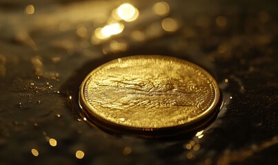 close up of golden coin reflecting light on dark surface, showcasing its texture and shine