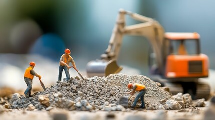 Miniature workers shoveling rubble near machinery.
