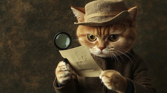A curious cat detective in a brown outfit holding a magnifying glass, inspecting a mysterious note found in a secret compartment