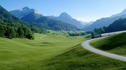 Scenic landscape with mountains, green fields, and a train.