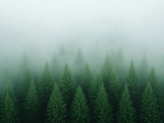 Fototapeta premium Mystical Foggy Forest Landscape Tall Pine Trees with Diffused Light - Nature-Inspired Visuals for Modern Wellness, Eco-Friendly Marketing and Tranquil Workspace Design