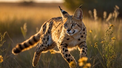 Obraz premium A serval cat running through a field of tall grass and wildflowers during golden hour.