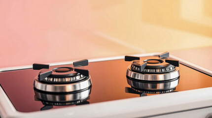 close-up view of modern gas stovetop with two polished metal burners, reflecting light. Set against warm peach-colored wall, the sleek black surface & intricate details evoke a cozy kitchen ambiance.