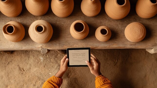Rustic Entrepreneurship Scene Young Man with Tablet Amid Terra Cotta Pottery Rural Family Business and Digital Integration in Artisan E-commerce