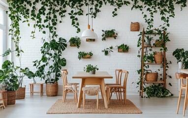 Fototapeta premium Bright Scandinavian dining room with white walls, wooden table, and greenery