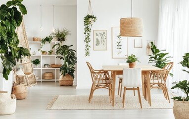Bright Scandinavian dining room with white walls, wooden table, and greenery