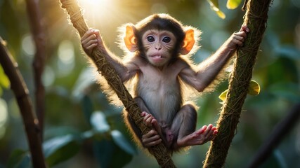 A young monkey sitting on a branch in a lush, sunlit forest.