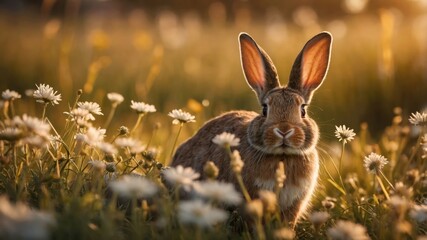 A rabbit sitting among daisies in a sunlit field, capturing a peaceful nature moment.