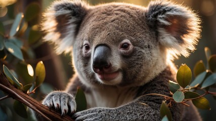 Obraz premium A close-up of a koala perched on a branch surrounded by leaves in a natural setting.