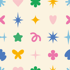 Seamless pattern with trendy abstract figures, stars, flowers and hearts. Y2K design elements, geometric shapes, modern symbols. Trendy vector illustration on light background, hand drawn, flat