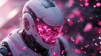 Futuristic Robot with Pink Screen and Bokeh Effect