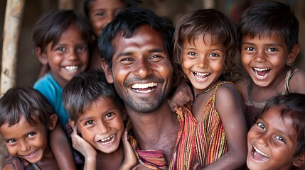 Fototapeta premium Close up portrait of a happy diverse family laughing and smiling enthusiastically as they anticipate their upcoming summer vacation overseas