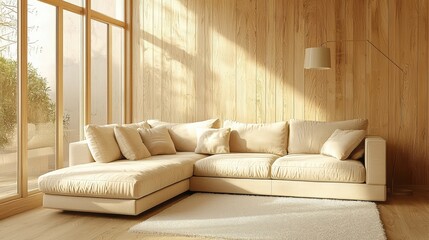 Fototapeta premium Contemporary living room featuring a beige corner sofa, wooden paneling wall, and minimalist furnishings, warm natural lighting