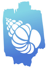 Ilustración de vida marina. Silueta de concha de molusco en espiral en trazo de pincel de pintura azul