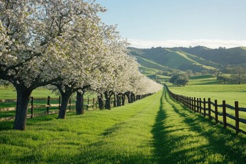 Obraz premium Serene Scenic View of Blooming Cherry Blossom Trees Lining a Peaceful Pathway with Lush Green Grass and Gentle Rolling Hills Under Clear Blue Sky