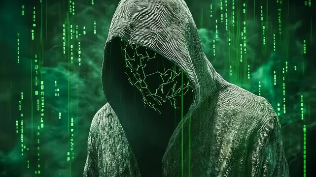 Hooded figure digital backdrop stands still.Mysterious persona glowing green codes.Cyber environment sets tech-heavy scene.Evening engulfs secretive online world.age enigma,cloak and intrigue.Hood