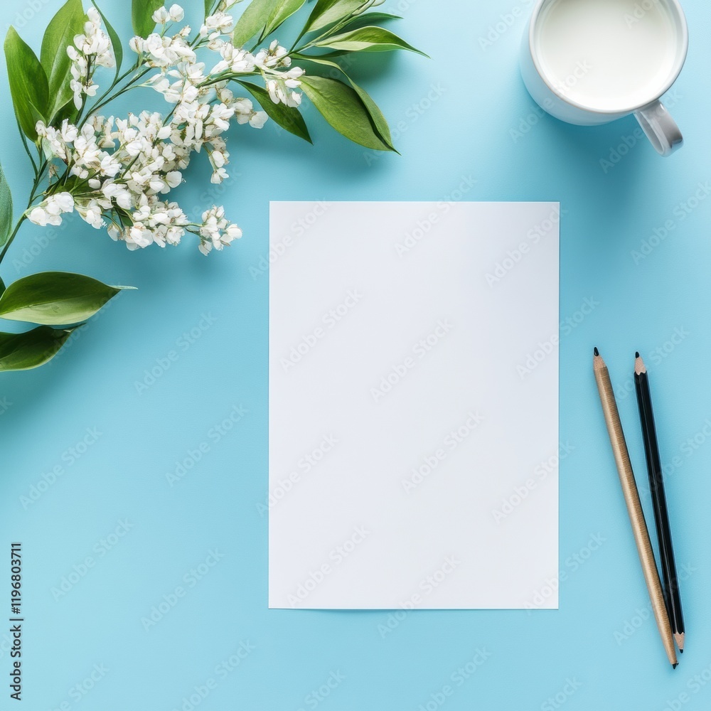 Leinwandbilder Minimalistic workspace with empty notepad surrounded by greenery and milk cup perfect for creative writing or brainstorming sessions. Generative AI