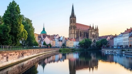 Fototapeta premium Sunset Cityscape with River Reflection