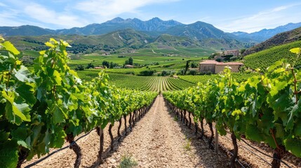 Fototapeta premium Vineyard rows in mountain valley, sunny day. Wine production, idyllic landscape