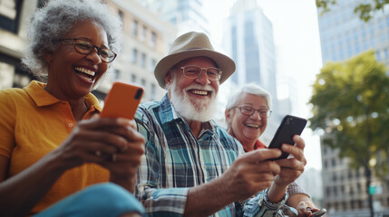 In a cityscape setting, a cheerful group of older adults shares laughter and stories while exploring smartphone apps together. Their vibrant clothing and camaraderie highlight the