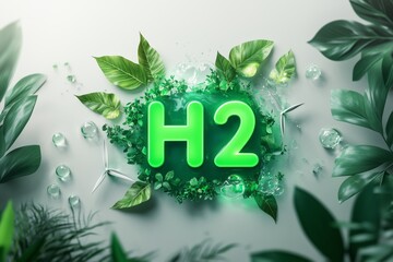 Green hydrogen h2 production concept with leaves, water and a wind turbine promoting clean energy and environmental sustainability