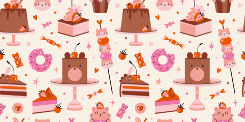 Cute Seamless pattern with cakes, cupcakes and candies. Sweets, desserts with kawaii animals and berries. Trendy modern vector illustration on light background, hand drawn, flat design