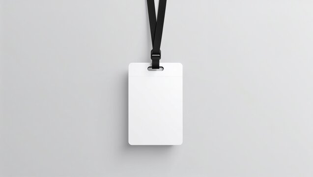 Vertical mockup of plastic id card with black ribbon. The template is designed for employees or exhibitors. - Powered by Adobe