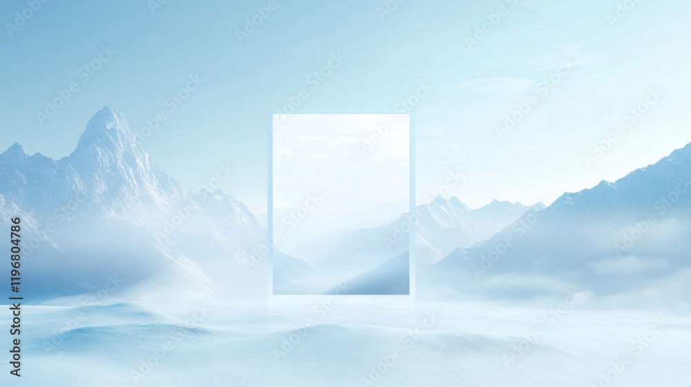 Poster winter landscape with clear space for text in serene mountain environment and soft blue skies. gener