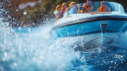 Close up view of a family tightly gripping the sides of a fast moving speedboat as it cuts through the turquoise waves capturing the thrill and excitement of their aquatic adventure