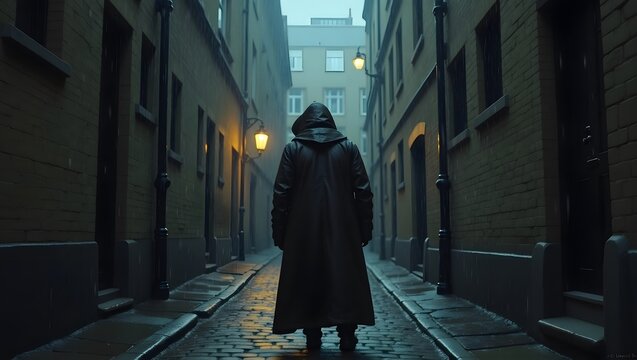 Mysterious figure in a dark alley during rainy night, suggesting solitude and contemplation, suitable for thriller posters or urban fantasy media - Powered by Adobe