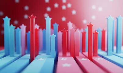 Obraz premium Colorful bar chart representing election results with red and blue colors, featuring star motifs. This conveys sense of competition and civic engagement