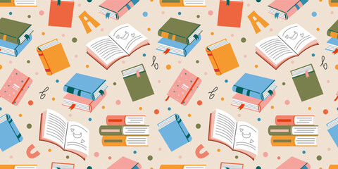 Cute Seamless pattern with books. Reading and education concept. Trendy modern vector illustration on light background, hand drawn, flat design