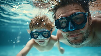 Naklejka premium Close up of a father and child diving underwater together both wearing protective goggles and enjoying a fun playful moment in the water