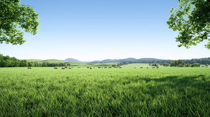 Fototapeta premium Serene field, hay bales, rolling hills, sunny day, pastoral landscape, idyllic scene for nature posters