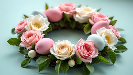 Natural Easter wreath decorated with flowers and Easter eggs on a pastel soft background, a festive spring concept. 