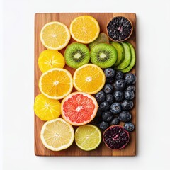 Fruit cutting board display kitchen food clean environment top-down view colorful composition for health