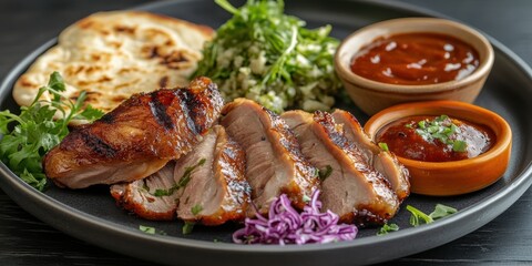 Savoring a delicious dish of grilled roasted duck with fresh sides gourmet restaurant culinary photography elegant dining atmosphere