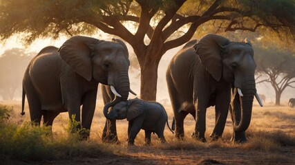 Fototapeta premium A family of elephants stands together under a tree in a serene, natural setting.