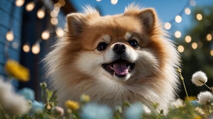 Obraz premium A cheerful Pomeranian dog surrounded by colorful flowers and soft lights.
