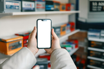 A hand holding a smartphone with a blank white screen in a store environment. Shelves with colorful products blurred in the background. Perfect for mockups and advertising