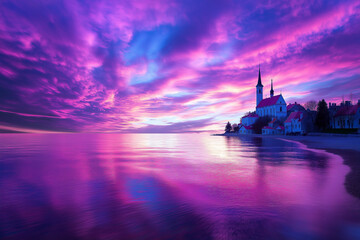 Naklejka premium Colorful sunset over calm lake with church in the background