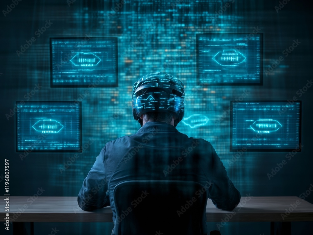 Aufkleber Futuristic Cybersecurity Workspace Silhouette at Digital Screens with Blue-Green Code Stream - Tech Innovation for Online Privacy and Business Security