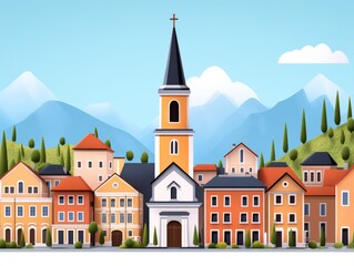 Naklejka premium Picturesque village with colorful houses and a tall church tower nestled in green hills under clear skies exuding charm and tranquility in a scenic vector illustration