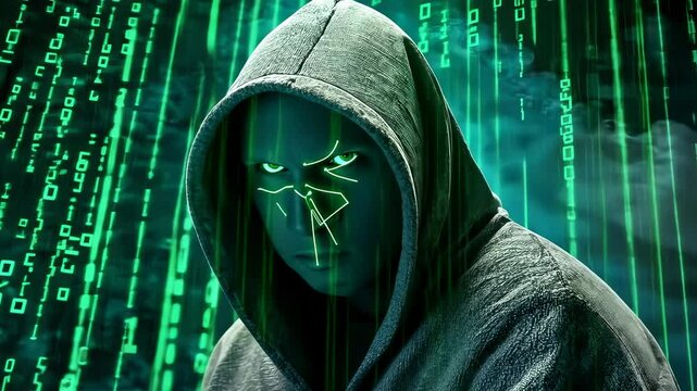 Hooded figure green digital rain.Anonymous hacker coding late night.Mysterious ambiance virtual space.Cybersecurity breach progress secretly.Encryption and network hacking events.Data theft operation
