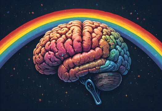 The illustration of a brain with a rainbow symbolizes brilliant ideas, knowledge and creativity. 