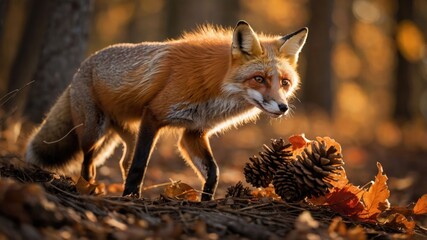 Obraz premium A red fox in a forest setting during autumn, surrounded by fallen leaves and pine cones.