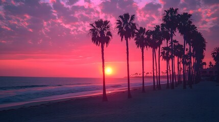 Breathtaking view of silhouetted palm trees lining a tropical beach under a dramatic vibrant sunset sky  Serene and tranquil coastal landscape with a reflective ocean surface